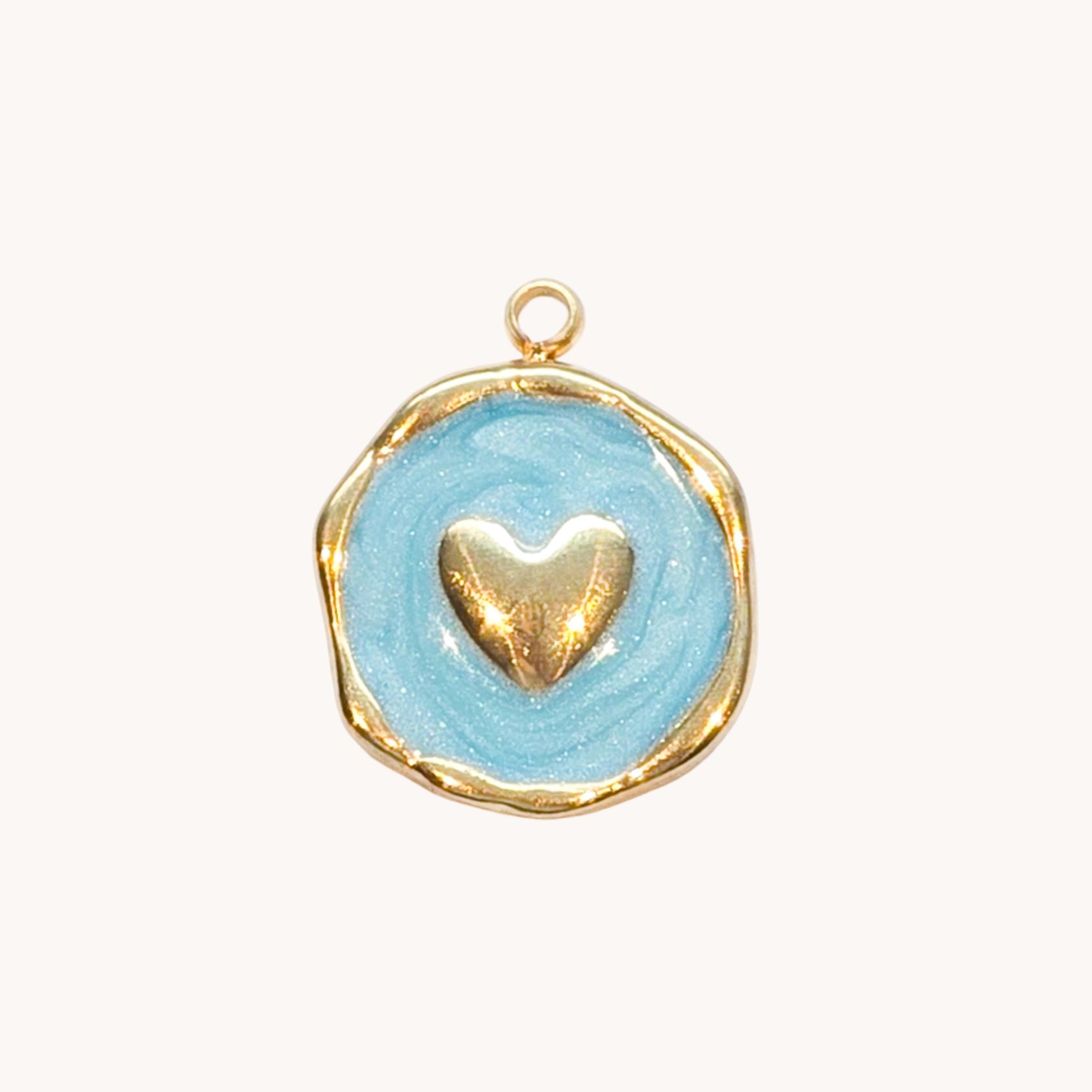 Gold Blue Heart Circle Charm
