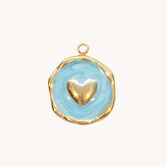 Gold Blue Heart Circle Charm