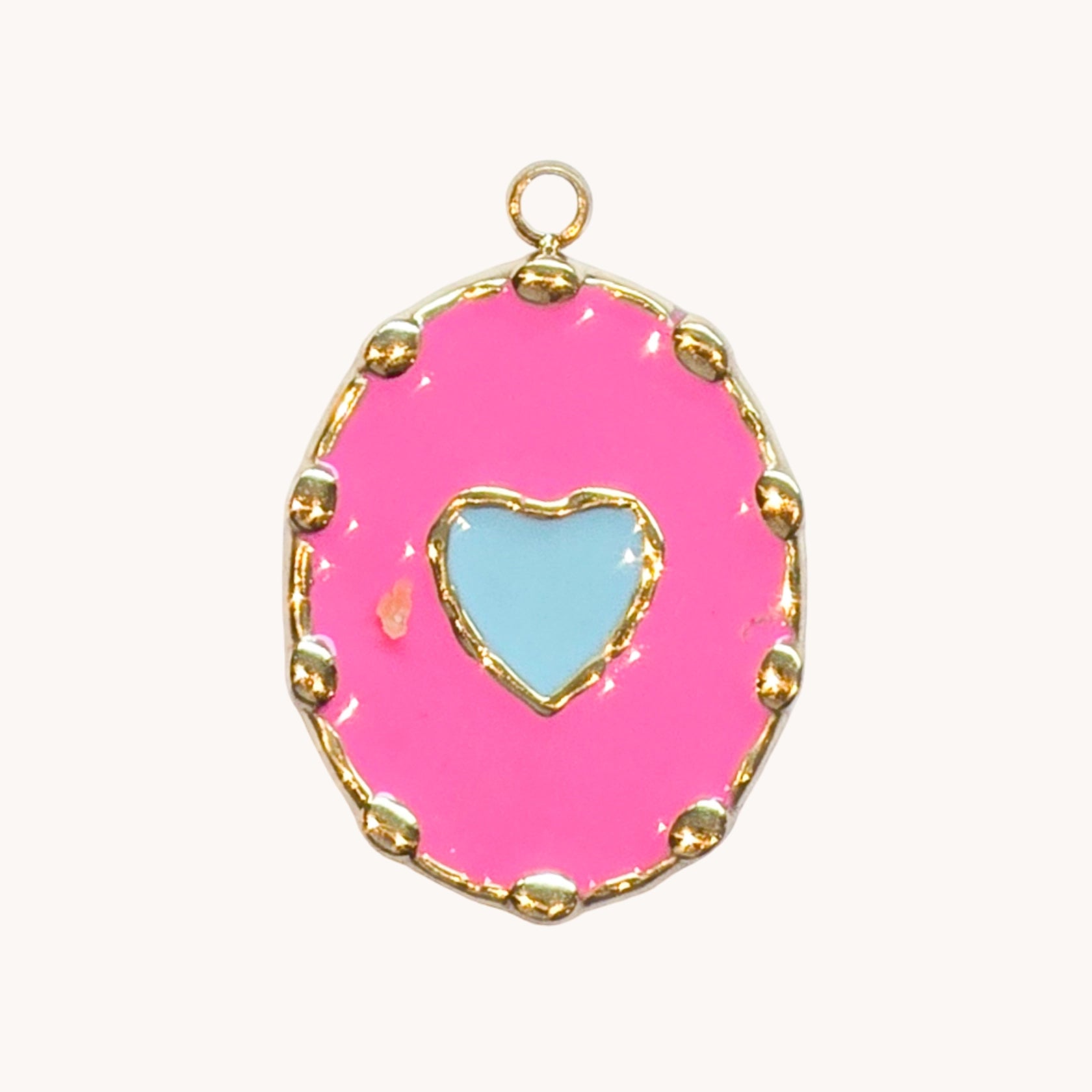 Gold Pink Heart Oval Charm