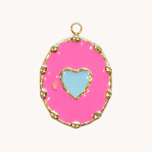 Gold Pink Heart Oval Charm