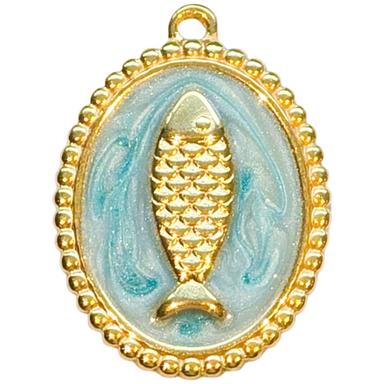 Gold Teal Fish Oval Charm