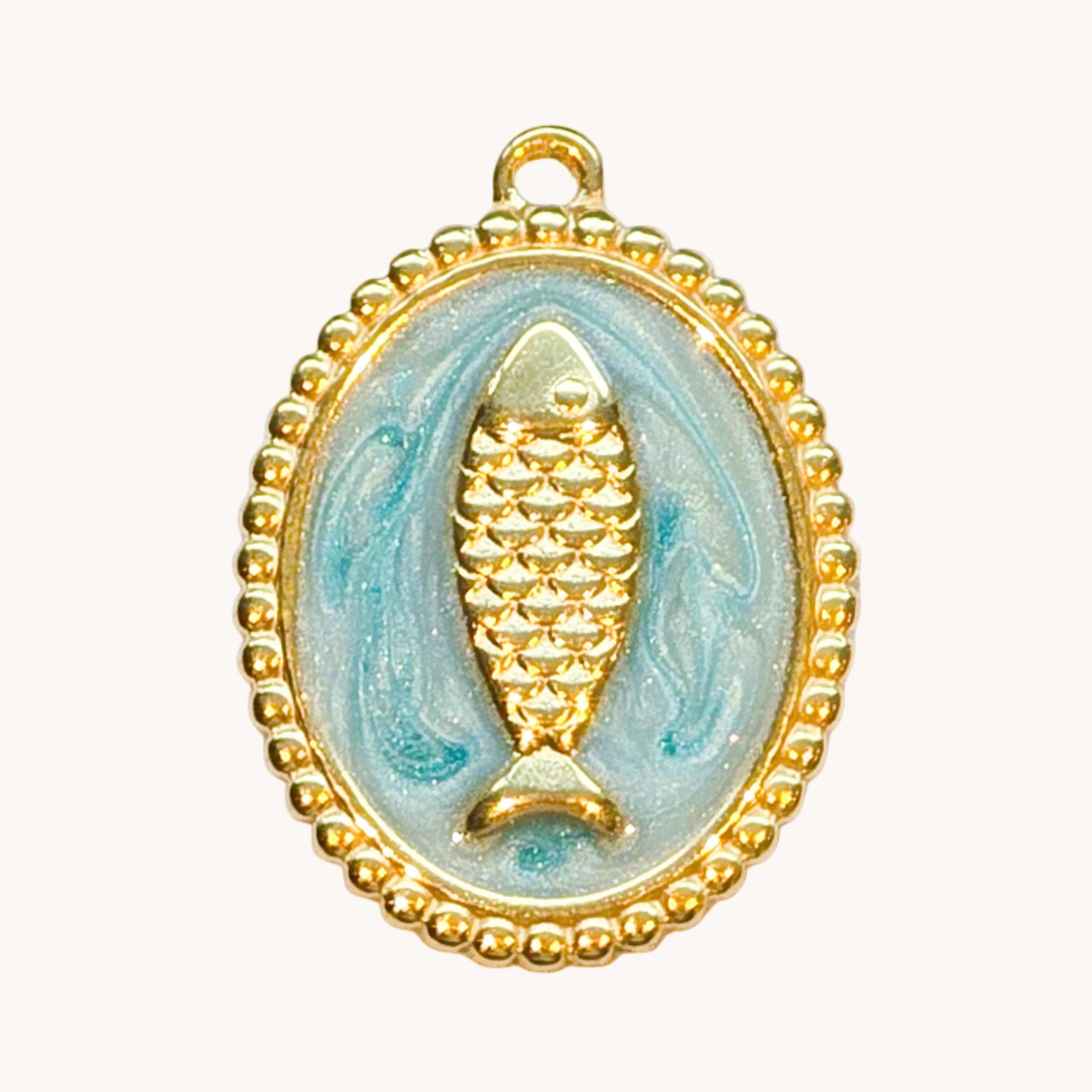 Gold Teal Fish Oval Charm