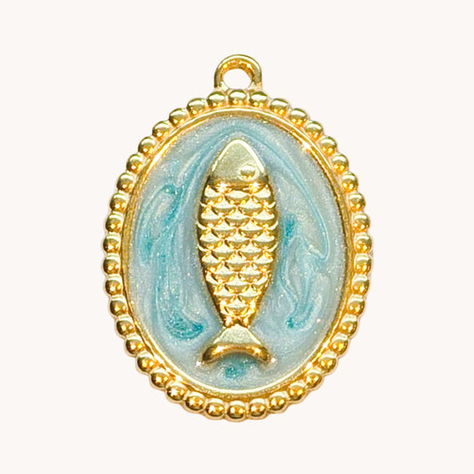 Gold Teal Fish Oval Charm